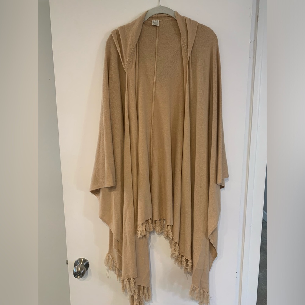 100% cashmere Tan Hooded Poncho with Fringe